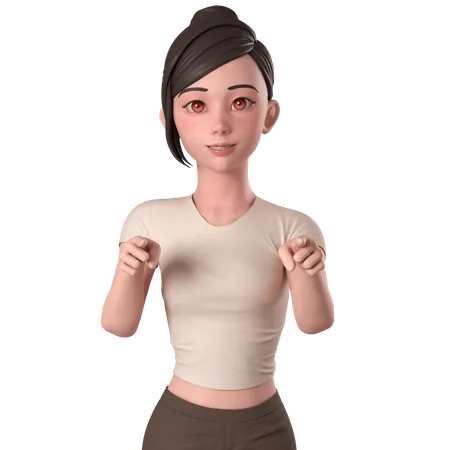 Casual Girl In Brown Dress Pointing Forwards Using Both Hands  3D Illustration