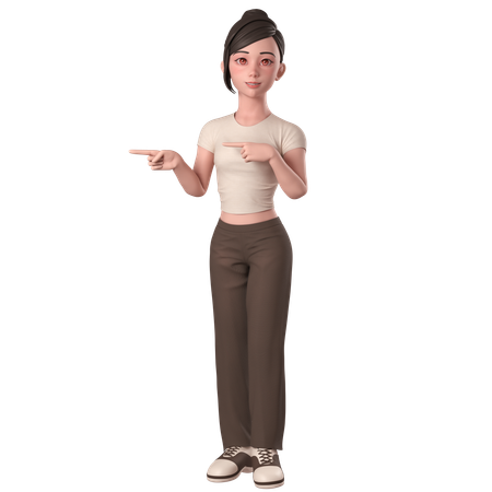 Casual Girl In Brown Dress Pointing To Left Side Using Both Hands  3D Illustration