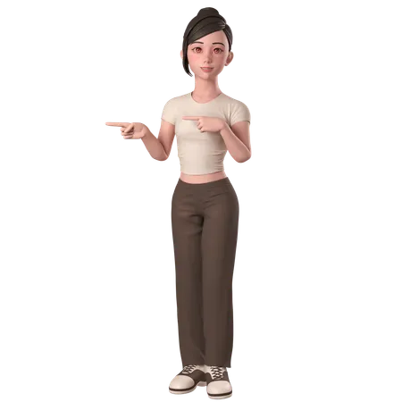 Casual Girl In Brown Dress Pointing To Left Side Using Both Hands  3D Illustration