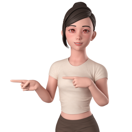 Casual Girl In Brown Dress Pointing To Left Side Using Both Hands  3D Illustration