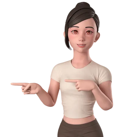 Casual Girl In Brown Dress Pointing To Left Side Using Both Hands  3D Illustration