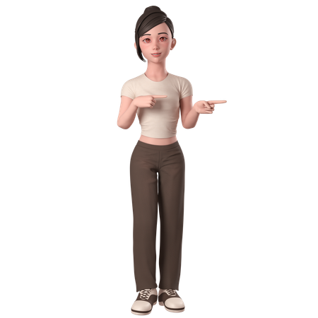 Casual Girl In Brown Dress Pointing To Right Side Using Both Hands  3D Illustration