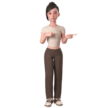 Casual Girl In Brown Dress Pointing To Right Side Using Both Hands  3D Illustration