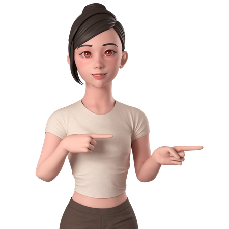 Casual Girl In Brown Dress Pointing To Right Side Using Both Hands  3D Illustration