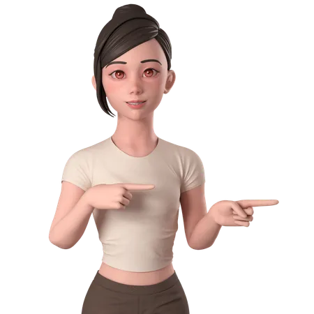 Casual Girl In Brown Dress Pointing To Right Side Using Both Hands  3D Illustration