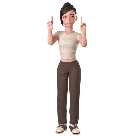 Casual Girl In Brown Dress Pointing Up Using Both Hands  3D Illustration