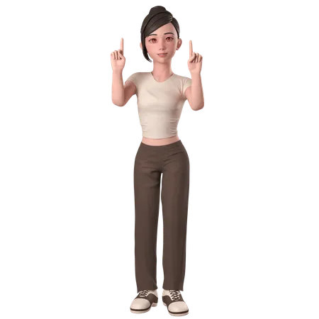 Casual Girl In Brown Dress Pointing Up Using Both Hands  3D Illustration