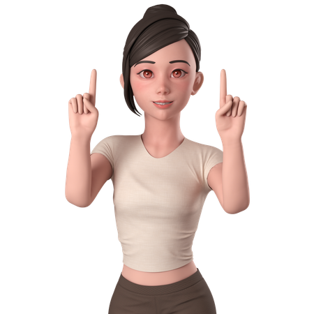 Casual Girl In Brown Dress Pointing Up Using Both Hands  3D Illustration