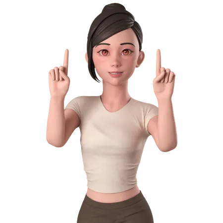 Casual Girl In Brown Dress Pointing Up Using Both Hands  3D Illustration