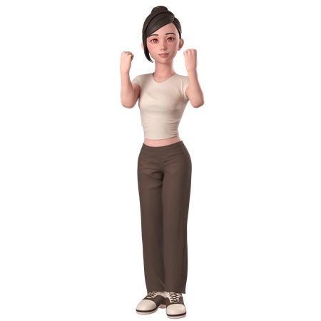 Casual Girl In Brown Dress Shows Fist Pump Pose With Both Hands  3D Illustration