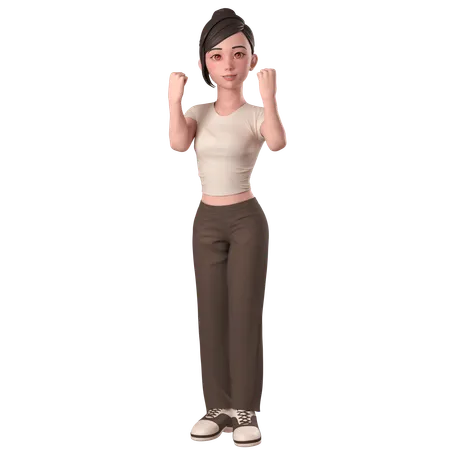 Casual Girl In Brown Dress Shows Fist Pump Pose With Both Hands  3D Illustration