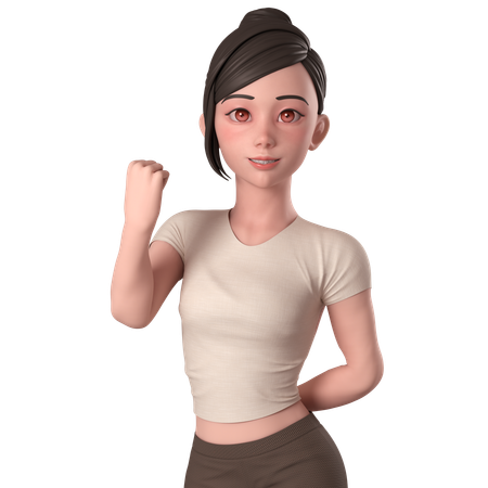 Casual Girl In Brown Dress Shows Fist Pump Pose With Both Hands  3D Illustration