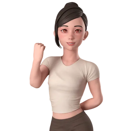 Casual Girl In Brown Dress Shows Fist Pump Pose With Both Hands  3D Illustration