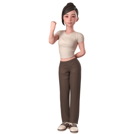 Casual Girl In Brown Dress Shows Fist Pump Pose With Left Hand  3D Illustration