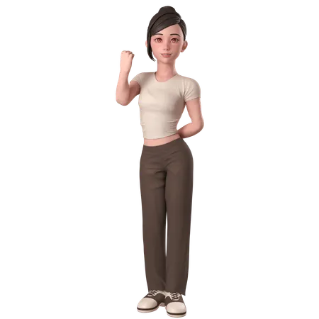 Casual Girl In Brown Dress Shows Fist Pump Pose With Left Hand  3D Illustration