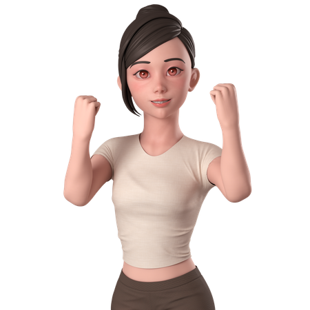 Casual Girl In Brown Dress Shows Fist Pump Pose With Left Hand  3D Illustration