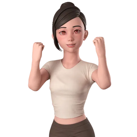 Casual Girl In Brown Dress Shows Fist Pump Pose With Left Hand  3D Illustration