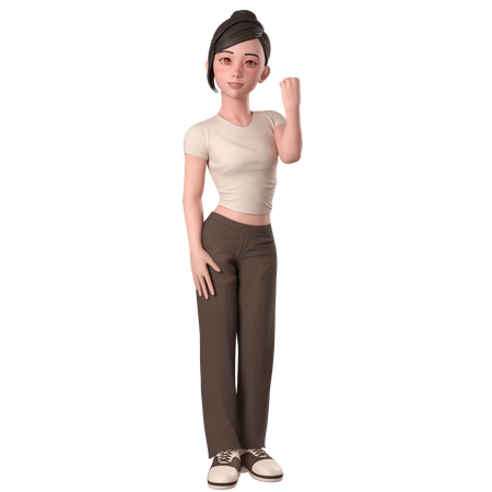 Casual Girl In Brown Dress Shows Fist Pump Pose With Right Hand  3D Illustration