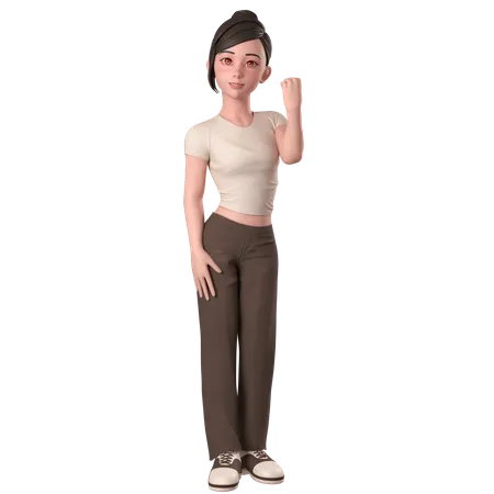 Casual Girl In Brown Dress Shows Fist Pump Pose With Right Hand  3D Illustration