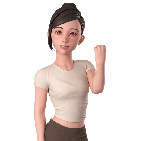 Casual Girl In Brown Dress Shows Fist Pump Pose With Right Hand  3D Illustration