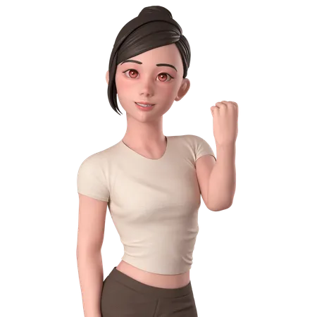 Casual Girl In Brown Dress Shows Fist Pump Pose With Right Hand  3D Illustration