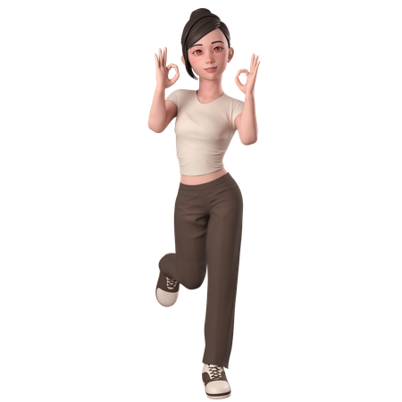 Casual Girl In Brown Dress Shows Ok Sign Pose With Both Hands  3D Illustration