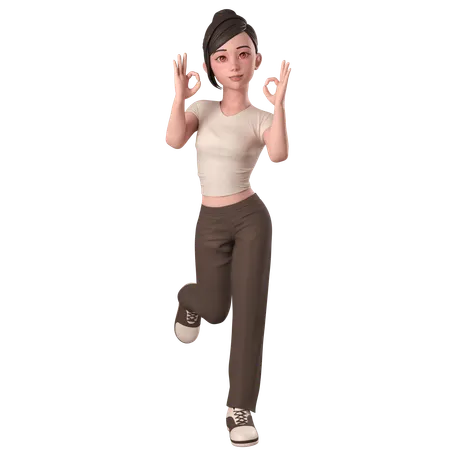 Casual Girl In Brown Dress Shows Ok Sign Pose With Both Hands  3D Illustration