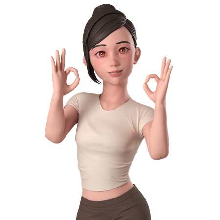 Casual Girl In Brown Dress Shows Ok Sign Pose With Both Hands  3D Illustration