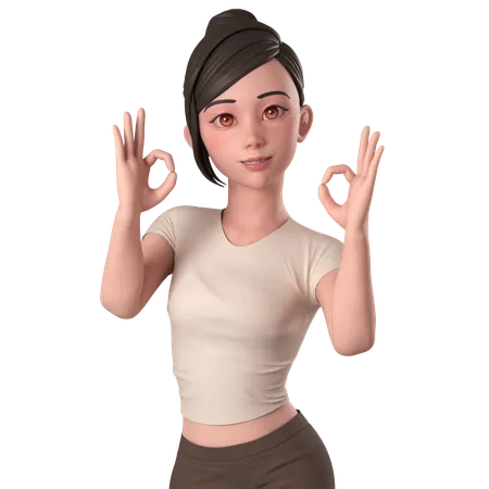 Casual Girl In Brown Dress Shows Ok Sign Pose With Both Hands  3D Illustration