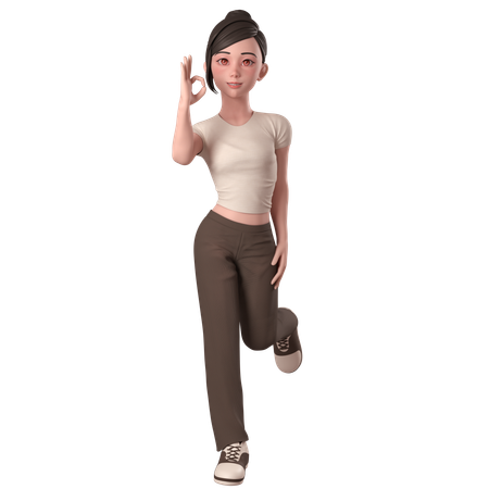 Casual Girl In Brown Dress Shows Ok Sign Pose With Left Hands  3D Illustration