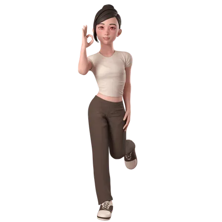 Casual Girl In Brown Dress Shows Ok Sign Pose With Left Hands  3D Illustration