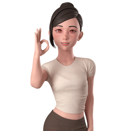 Casual Girl In Brown Dress Shows Ok Sign Pose With Left Hands  3D Illustration