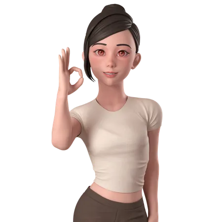 Casual Girl In Brown Dress Shows Ok Sign Pose With Left Hands  3D Illustration