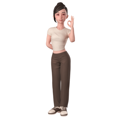 Casual Girl In Brown Dress Shows Ok Sign Pose With Right Hands  3D Illustration