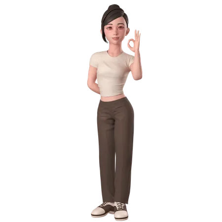 Casual Girl In Brown Dress Shows Ok Sign Pose With Right Hands  3D Illustration