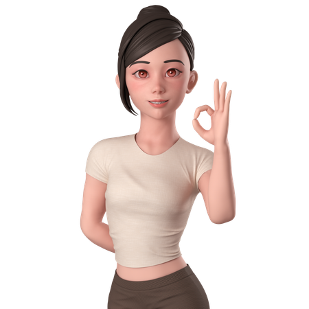 Casual Girl In Brown Dress Shows Ok Sign Pose With Right Hands  3D Illustration