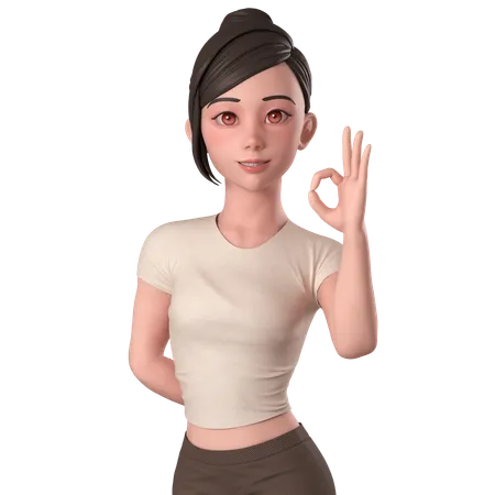 Casual Girl In Brown Dress Shows Ok Sign Pose With Right Hands  3D Illustration