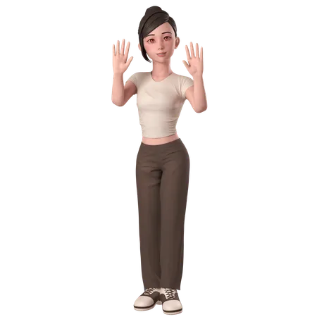 Casual Girl In Brown Dress Waving Hand And Say Hi With Both Hands  3D Illustration