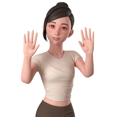 Casual Girl In Brown Dress Waving Hand And Say Hi With Both Hands  3D Illustration