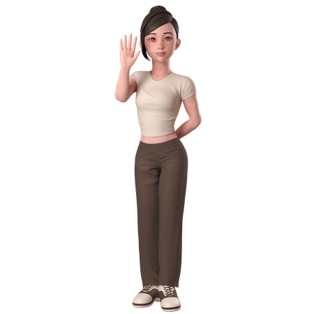 Casual Girl In Brown Dress Waving Hand And Say Hi With Left Hand  3D Illustration