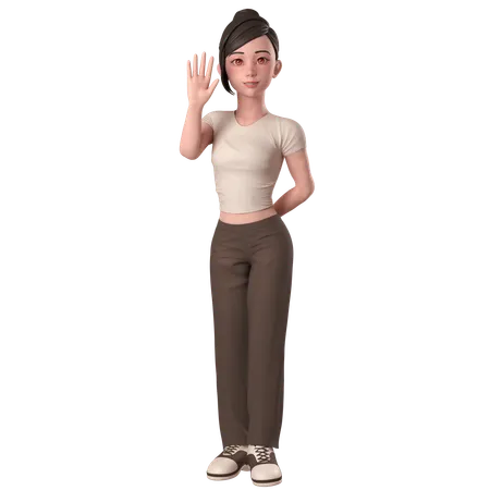 Casual Girl In Brown Dress Waving Hand And Say Hi With Left Hand  3D Illustration