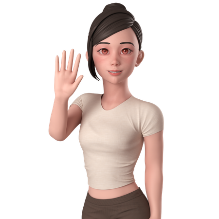 Casual Girl In Brown Dress Waving Hand And Say Hi With Left Hand  3D Illustration