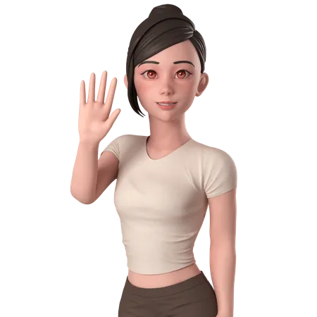 Casual Girl In Brown Dress Waving Hand And Say Hi With Left Hand  3D Illustration