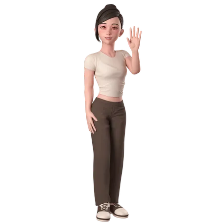 Casual Girl In Brown Dress Waving Hand And Say Hi With Right Hand  3D Illustration