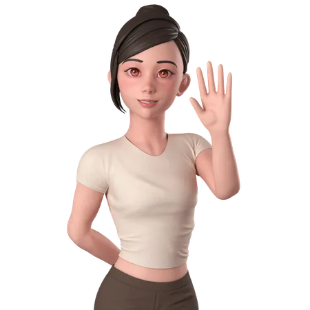 Casual Girl In Brown Dress Waving Hand And Say Hi With Right Hand  3D Illustration