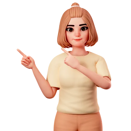 Casual Girl Pointing at Top Left Side using Both Hand  3D Illustration