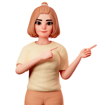 Casual Girl Pointing at Top  Right Side using Both Hand  3D Illustration