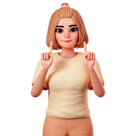 Casual Girl Pointing at Top Side using Both Hand  3D Illustration