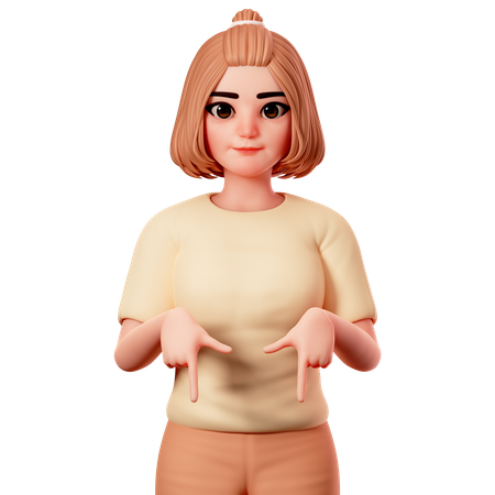 Casual Girl Pointing to downward  using Both Hand  3D Illustration