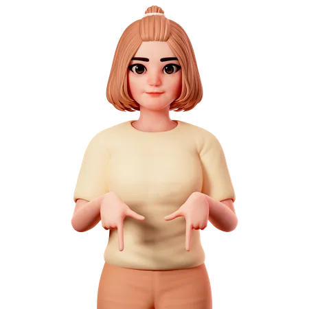 Casual Girl Pointing to downward  using Both Hand  3D Illustration